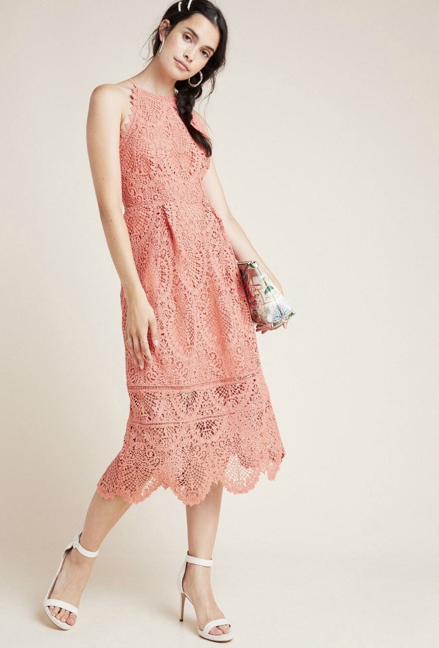 Eri + Ali Anthropologie Eva Lace Midi Dress Size 8 Womens Coral Halter Wedding